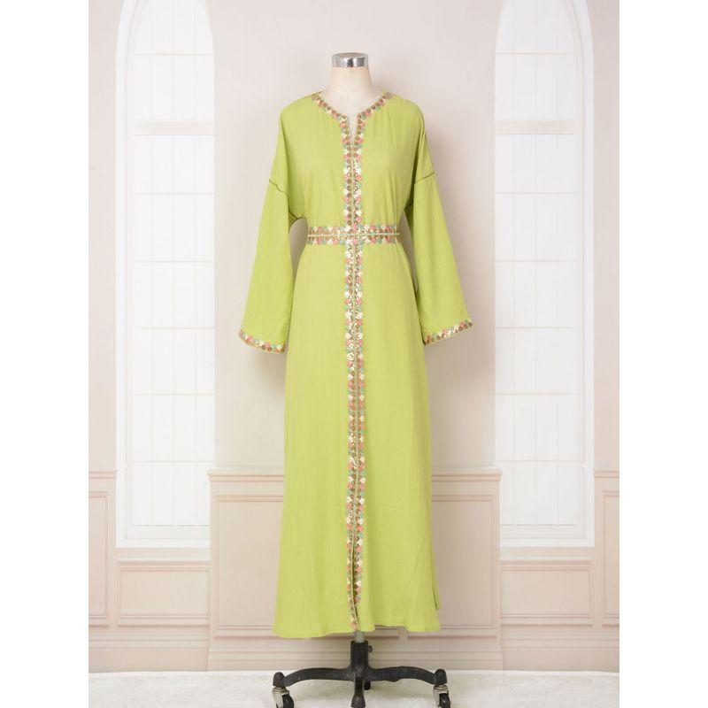 

Магическая Королева Джеллаба Женская Новая Разрезная Вышитая Пайетками Дубай Элегантное Платье с Поясом Yellow-Green XXL