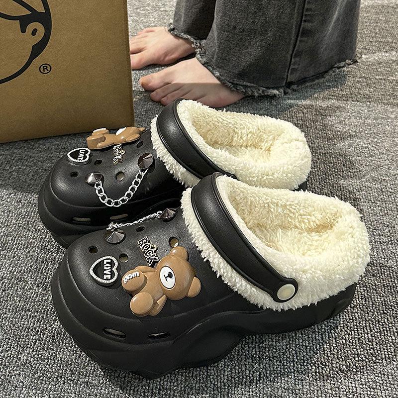 New velvet hole shoes women's winter non-slip outer wear cotton shoes heightened thick-soled home removable cotton slippers