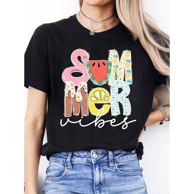 Women'S Round Neck Short Sleeve Sports T-Shirt with Letter Print for Spring and Summer Casual Wear