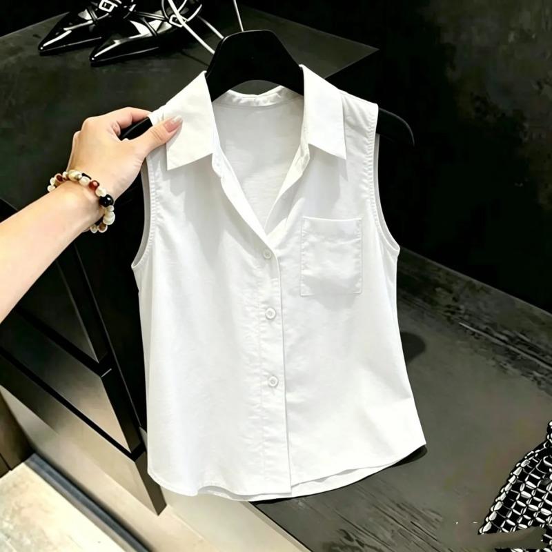 Camicia Casual da Donna con Revers, Tasca Singola, Senza Maniche, Bottoni Frontali