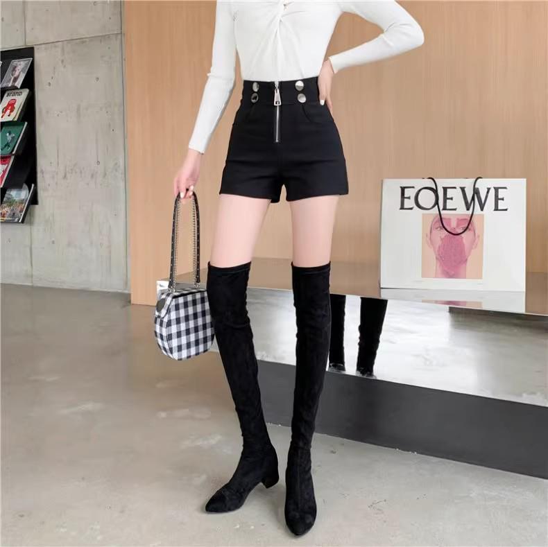 Women's High Waist Black Stretch Shorts - 2024 New Design, Zip, Casual & Versatile