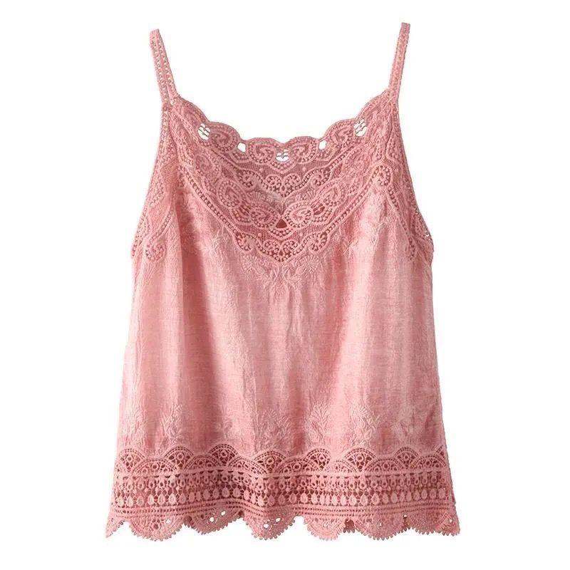 Sommer Retro Baumwolle und Leinen Camisole Künstlerisch Schlicht Dünn Vielseitiges Basic-Shirt Waldspitze Weste für Damen