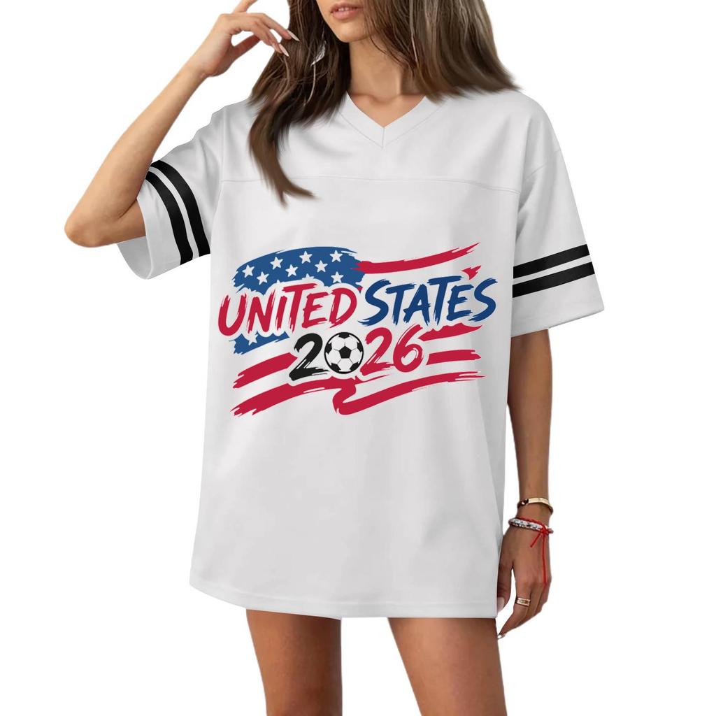 Women’s Casual V Neck Short Sleeve Soccer Jersey Top with States Flag and 2026 Football Graphic Print for Sports and Wear