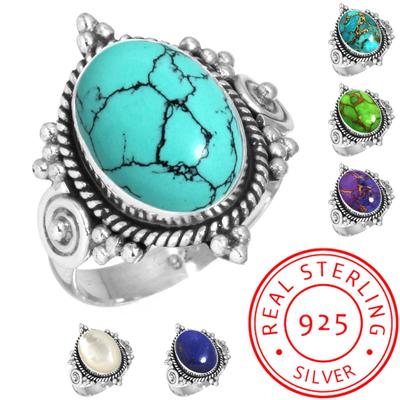 925 Sterling Silver Ring Women Gemstone Handmade Jewelry New Year Gift Blue Green Purple Copper Turquoise Pearl Lapis Mother Of Pearl Solitaire