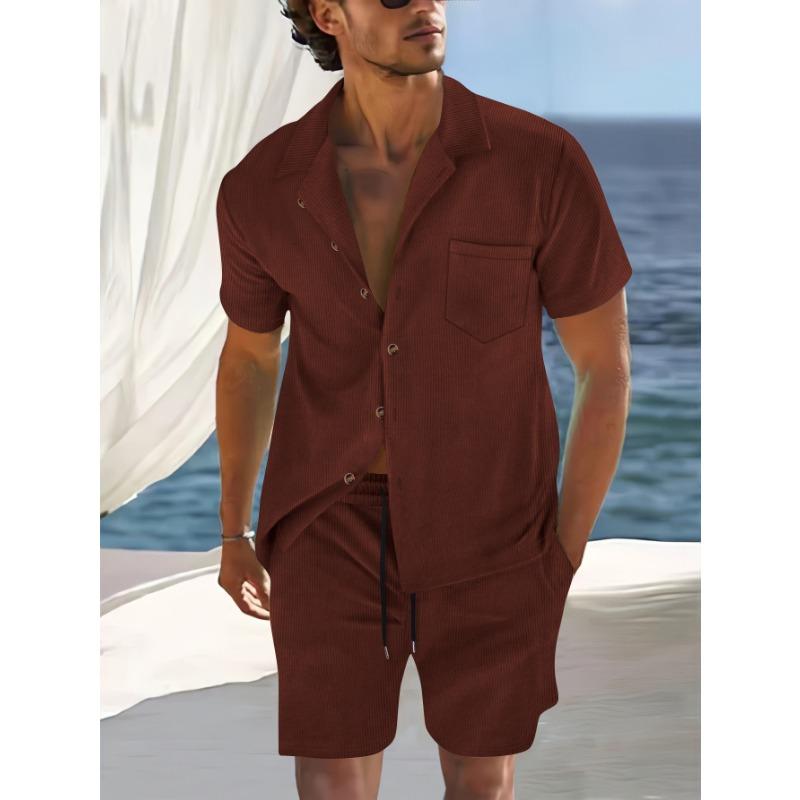 Men S Summer Thin Short Sleeve Cuban Collar Shirt And Shorts Casual Two Piece Set