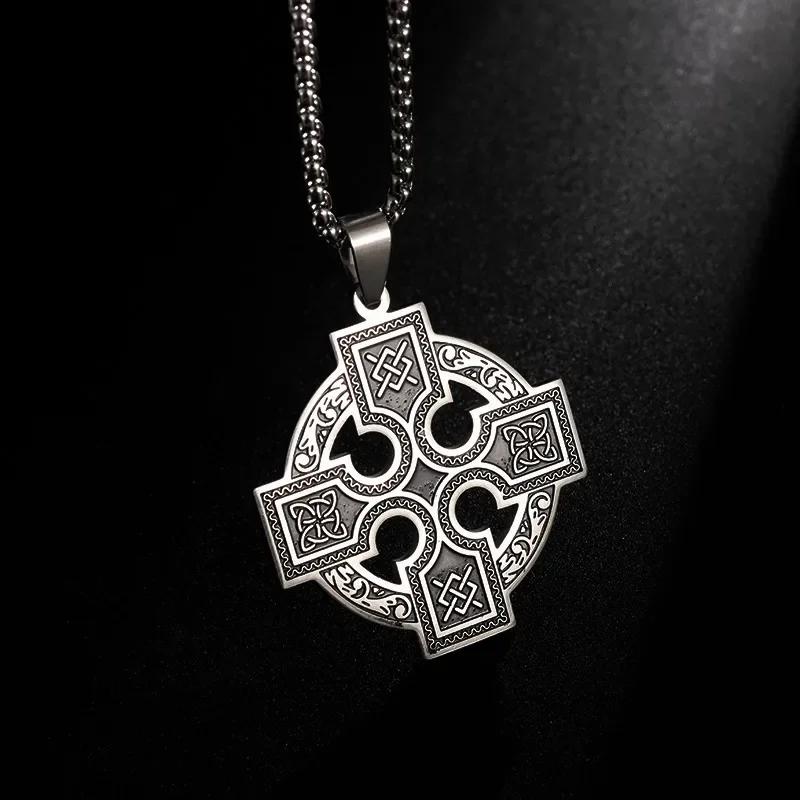 Retro Celtic Knot Pattern Disc Cross Pendant Necklace for Men Gothic Punk Trend Street Jewelry Gift