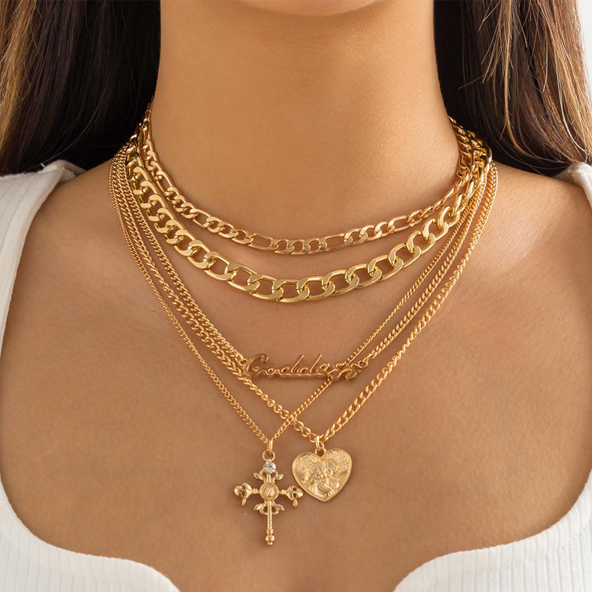 

5Pc/Set Vintage Peach Love Heart Cross Jesus Pendant Choker Necklace for Women Multilayer Chain Grunge Jewelry Steampunk Gift
