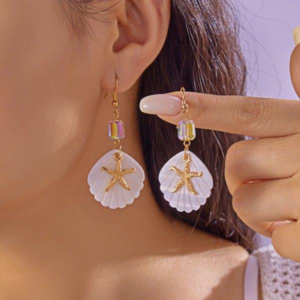 Ocean Style Conch Starfish Earrings Stud for Women Summer Beach Dangle Metal Enamel Earring Girls Party Summer Jewelry Gift