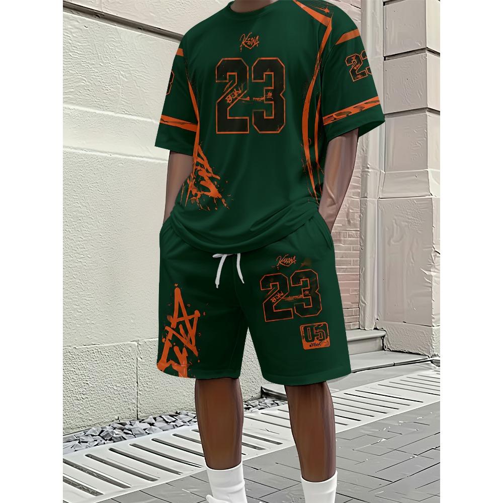 Men s digital printed casual short sleeved shorts set 2XS