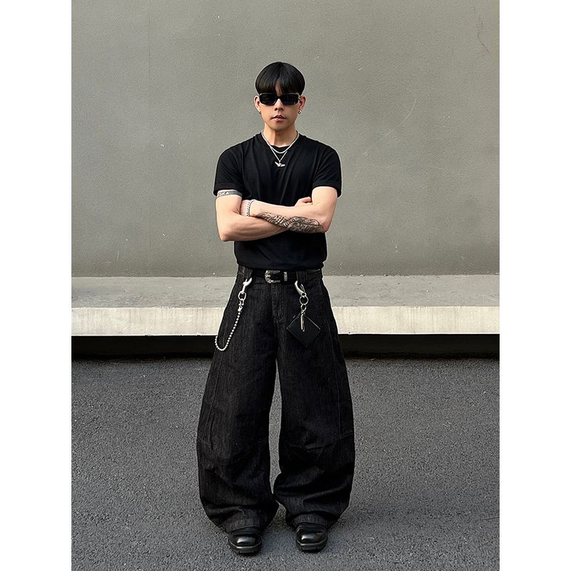 Blaexit American Style Raw Denim Baggy Scimitar Jeans Men's Straight Loose Cleanfit Black Wide-Leg Pants