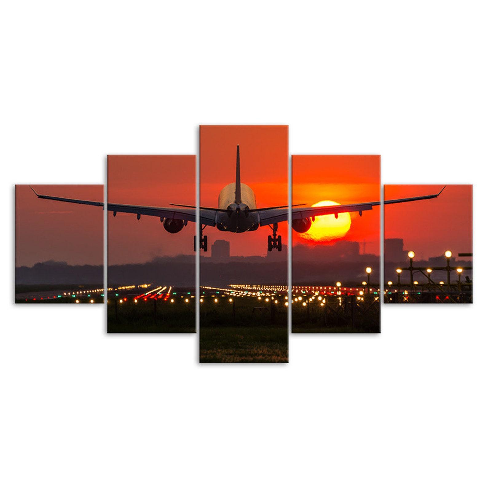 

Landing Plane Sunset Canvas 5 Piece Five Panel Wall Print Modern Art Poster Picture Home Decor Gift For Him For Her 20x35 20x45 20x55cm