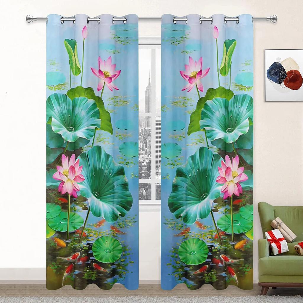 Lotus Curtains for Living Room Landscpe Thick Window Curtain for The Bedroom Aesthetic Room Decor Scenery High Shading Curtain