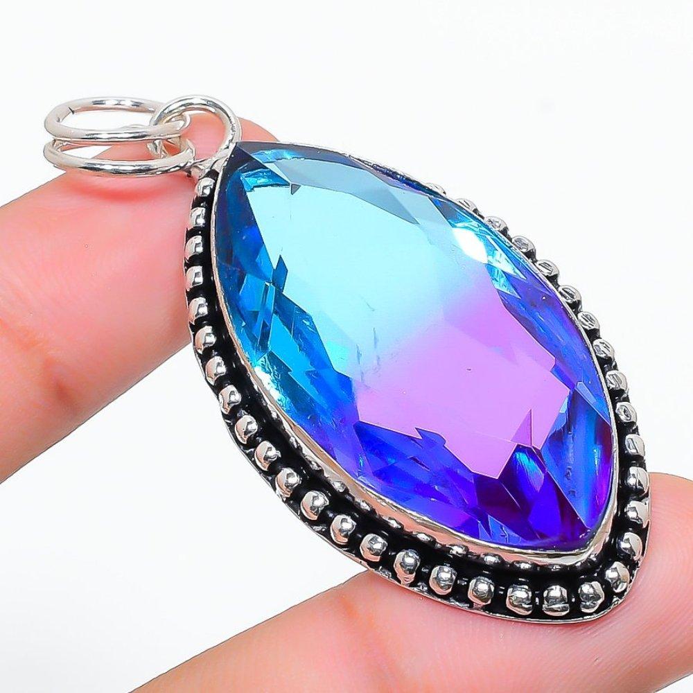 Bi-Color Tourmaline Gemstone Handmade 925 Sterling Silver Pendant 2.40" y3n86