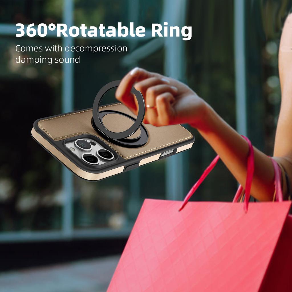 For iPhone 16 Pro Max Case with Ring Kickstand Compatible with MagSafe PU Leather Back Cover