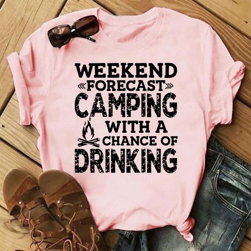 Women Fashion Summer T Shirts Camping Letter Print T-Shirts  Unisex Short Sleeve Graphic Tee Casual T Shirts Tops