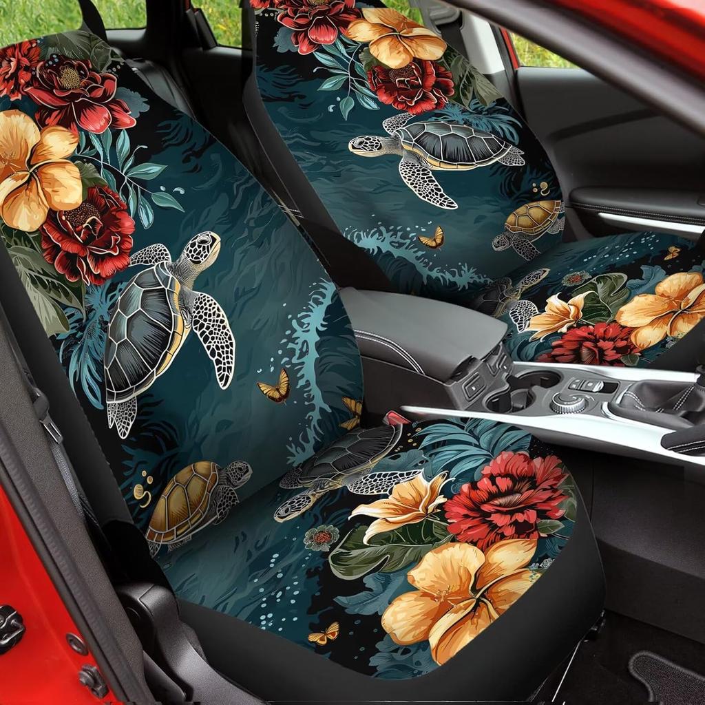 Bulopur Multicolor Polyester Universal Fit Car Truck SUV Van Automotive Seat Covers, 2pcs Front, Hibiscus Floral & Sea Turtle Print