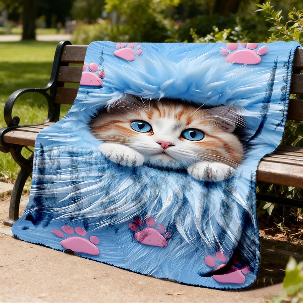 1pc Cat Paws Blue Fur Outdoor Flannel Blanket , Machine Washable Perfect Gift for Birthday , Holiday Travel Accessory , Durable Material