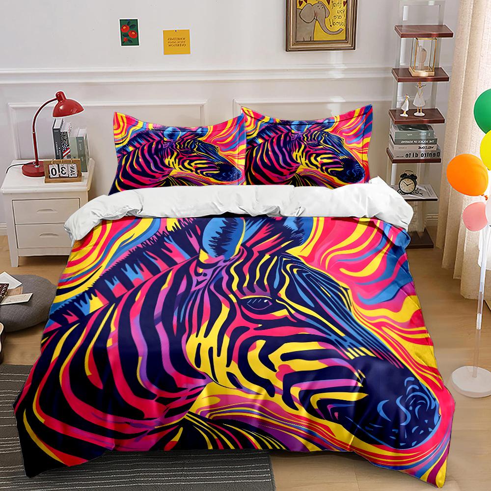 Vibrant Zebra Artwork Pattern Duvet Cover Set Digital Print Colorful Polyester Bedding With Zipper Closur For Kids Gifts