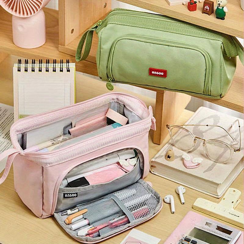 Angoo Cute Penal Case Spesial Macaron Farge Sidevindu Lerret Stor blyantpose Penneboks Oppbevaringsveske Student Skole skrivesaker