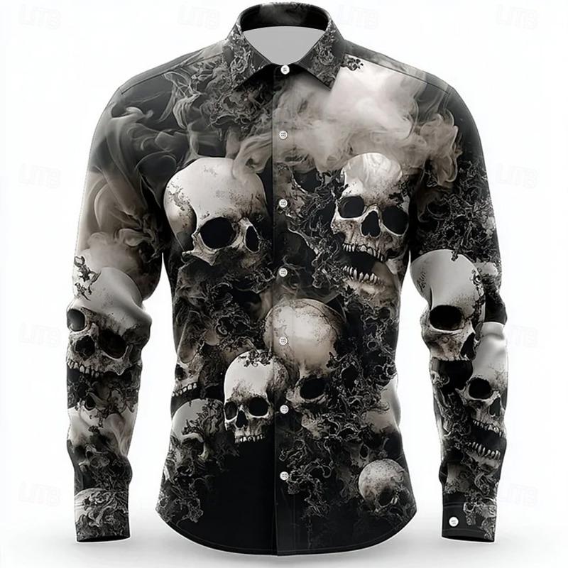 Halloween Thema Mannen Halloween Kostuums Schedels Shirt Knoopsluiting Shirt Casual Overhemd Lange Mouw Donkere Gotische Stijl Tops