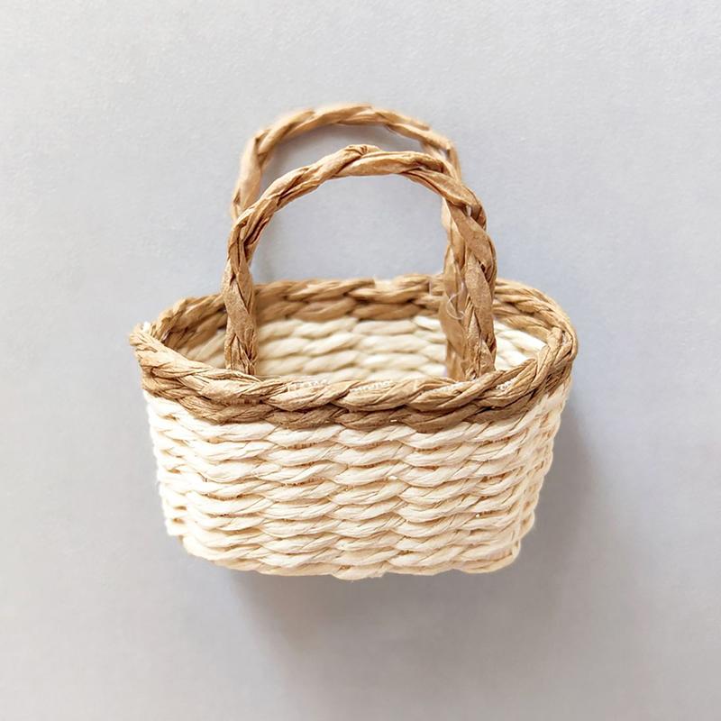 Dollhouse Hand Woven Rattan Basket Shopping Basket Straw Handbags Dollhouse Weaving Beach Bag For Dolls Miniature Decoration
