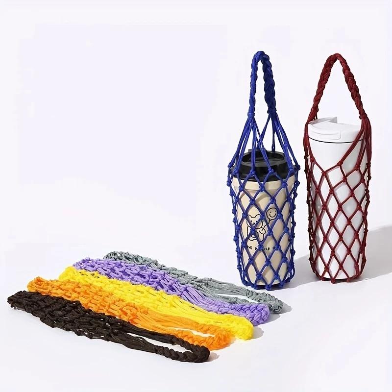 Foldable Woven Water Bottle Bags Hollow Out Net Bag Cup Cover Handmade Woven Water Cup Bag Multi Purpose Small Item Storage Bag