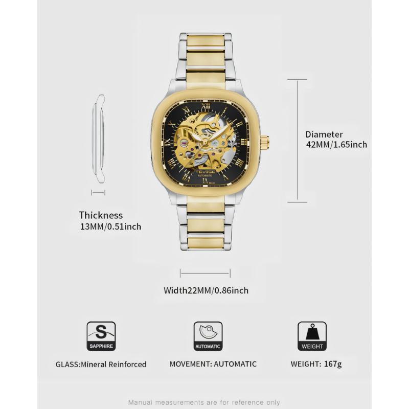 TEVISE Luminous Square Hollow Dial Men's Stainless Steel Waterproof Automatic Mechanical Watch Fashion Business Skeleton Watches
