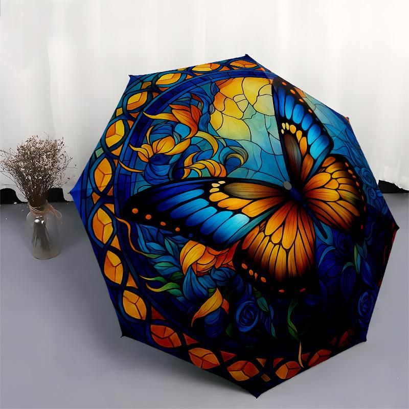 Stained Butterfly Wall Art: Vibrant Blue & Orange DecorUmbrella, Portable 3-Fold Compact Umbrella for Men & Women Gift