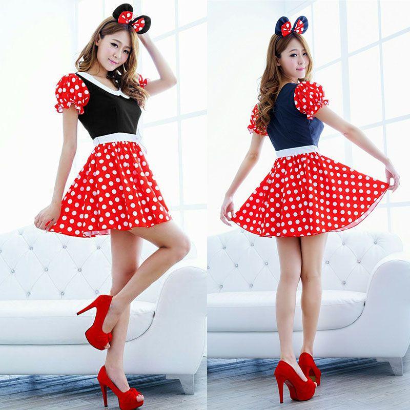Elegante Costume Sexy da Donna Adulta con Personaggio Minnie Mouse a Pois per Halloween