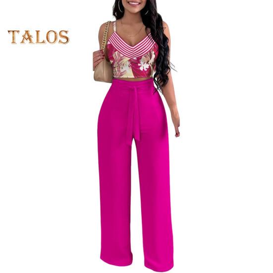 Καλοκαιρινά ρούχα δύο τεμαχίων για γυναίκες, αμάνικο παντελόνι με φαρδιά μπατζάκια και V λαιμόκοψη, καλοκαιρινό, casual, ασορτί κοστούμι με φλοράλ print