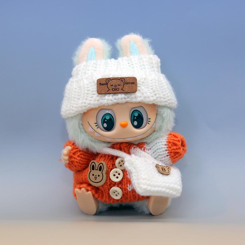 Labubu Doll Outfit Set: Knit Sweater, Hat, Button Charm, Small Bag, Vinyl Doll Clothes Replacement