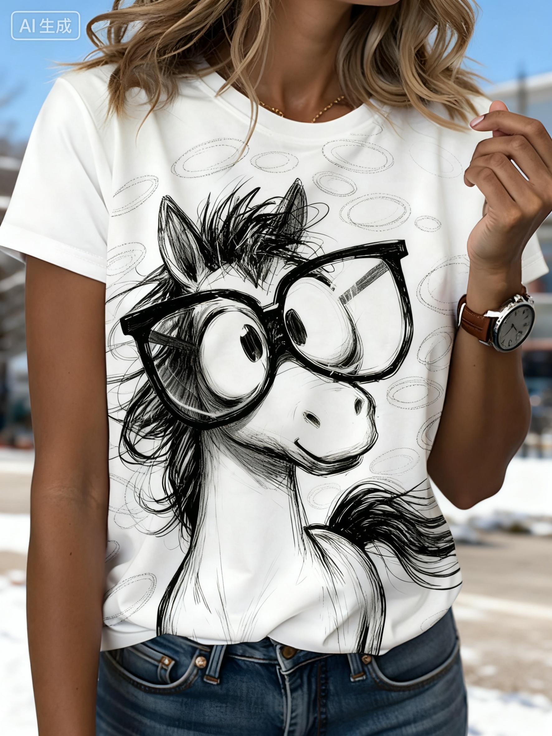 

Women S Cute Glasses Pony Hand-Drawn Style Printed Short-Sleeve T-Shirt. Fully Printed. Playful And Adorable. Easy Yet Eye-Catching. Suitable for Ever 3XL дубильная кора