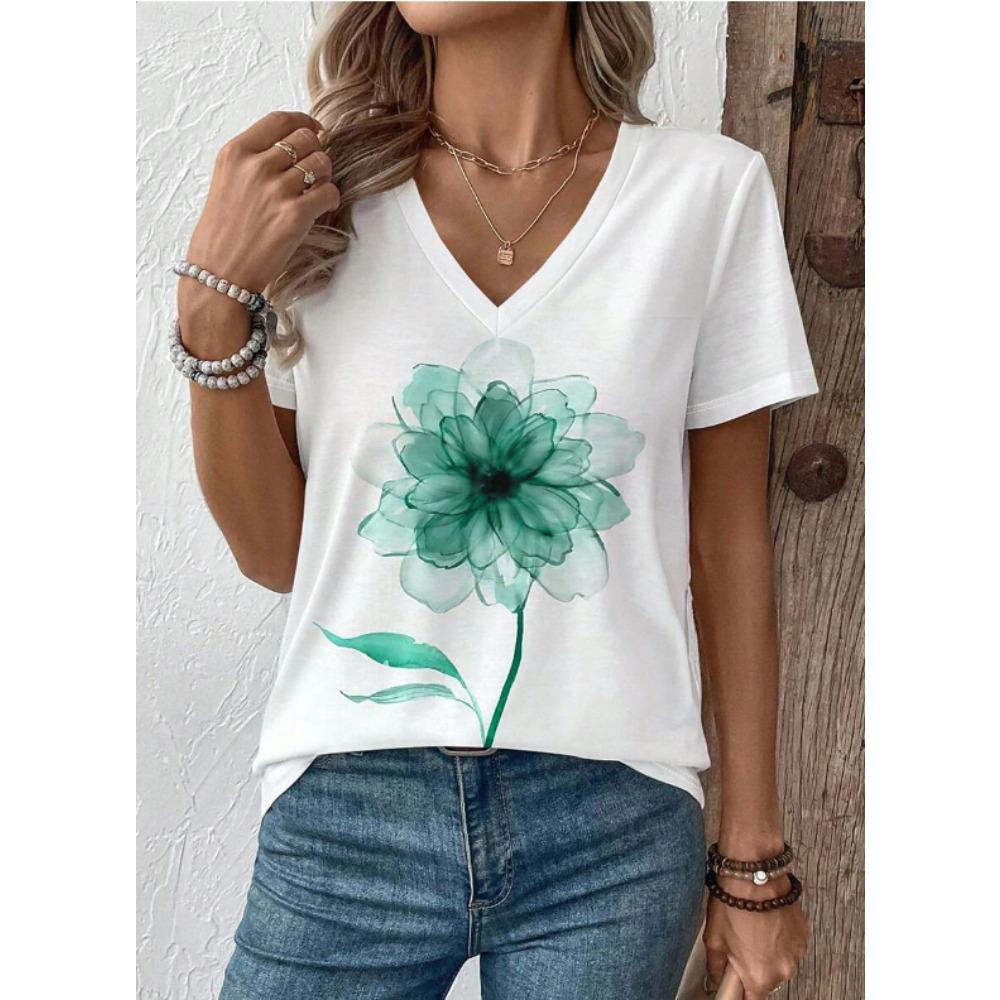 Damski T-shirt Letni Kwiatowy Wzór Krótki Rękaw Koszulki Codzienne Drukowane Top