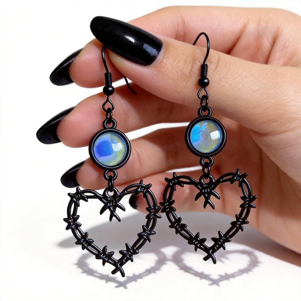 Gothic Black Heart Thorn Blue Crystal Earrings For Women With Style Fashion Jewelry