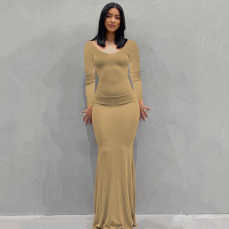 

Женское однотонное повседневное длинное облегающее платье с длинным рукавом и V-образным вырезом S хаки