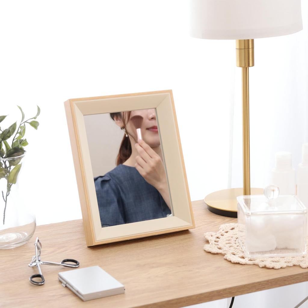 Fuji Boeki Mirror Tabletop Wood Grain Frame Bicolor Shatterproof Tabletop Mirror Compact Width X Depth 3 X Height White Tart 41918 17.5 22.6cm