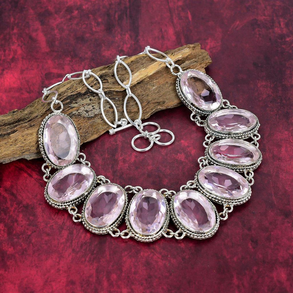 Faceted Pink Kunzite Bracelet, 925 Solid Sterling Silver Jewelry Set, Handmade Bracelet & Necklace, Gemstone Adjustable Chain Jewelry For Her