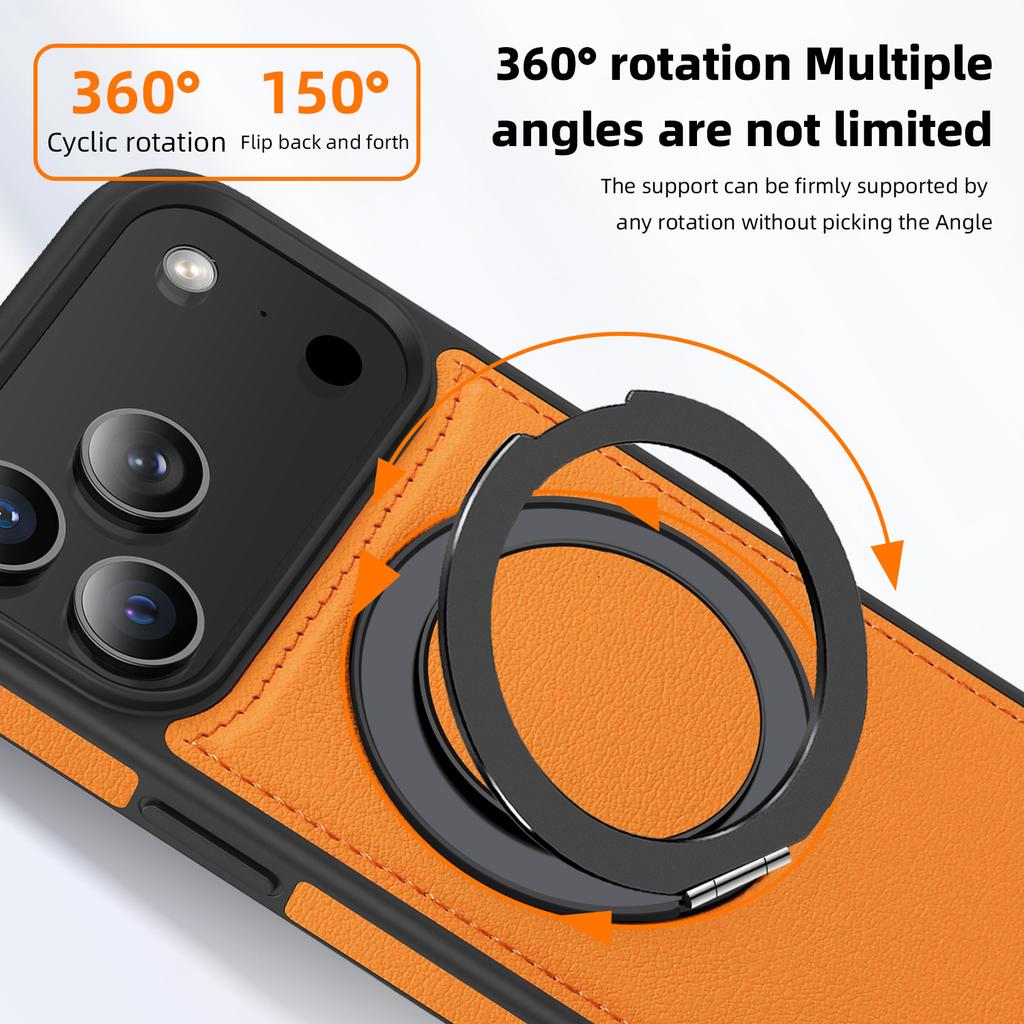 Leather 360 Ring Magnetic Holder Phone Case For iPhone 17Air 16 Plus 14 15 13 12 11 17Pro Max For Magsafe Wireless Charging Phone Cover