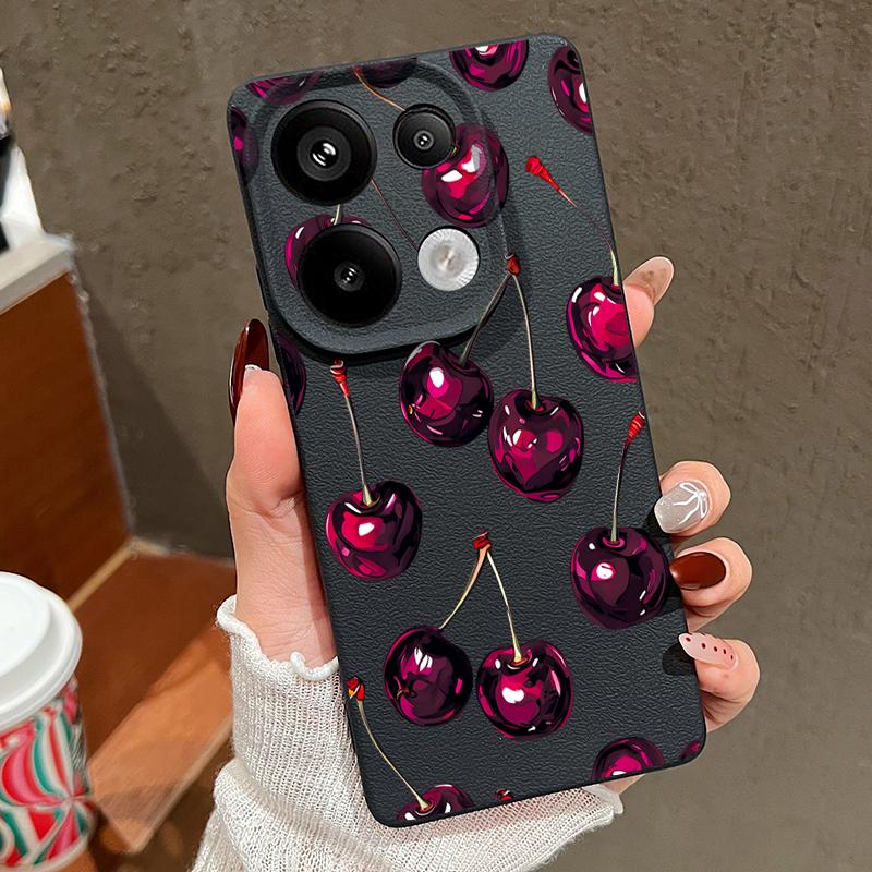 Retro Oil Painting Style Cherry Pattern Case For Xiaomi 14T 13T 11T Pro Funda Redmi Note 14 13 Pro 5G 12 11 Leather Texture Silicone Cover