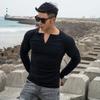 Spring Autumn New Fitness Sports Men's Running Exercise Double-sided German Velvet Elastic Slim Button Long Sleeve