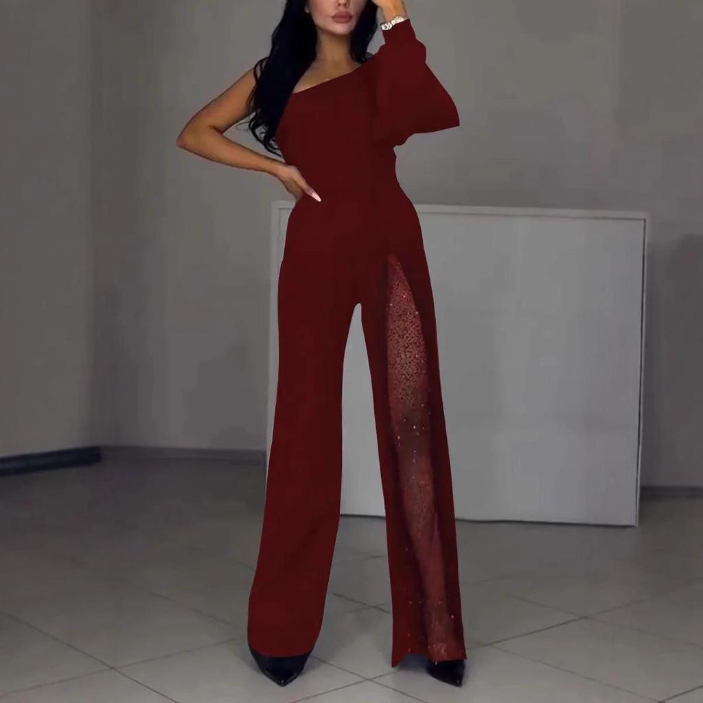 2024 European & American Autumn/Winter High Slit One-Shoulder Women's Jumpsuit