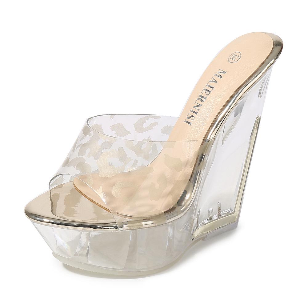 

Летние женские сандалии с леопардовым принтом, водонепроницаемые туфли на танкетке с прозрачным каблуком, модные сандалии 35 золотой