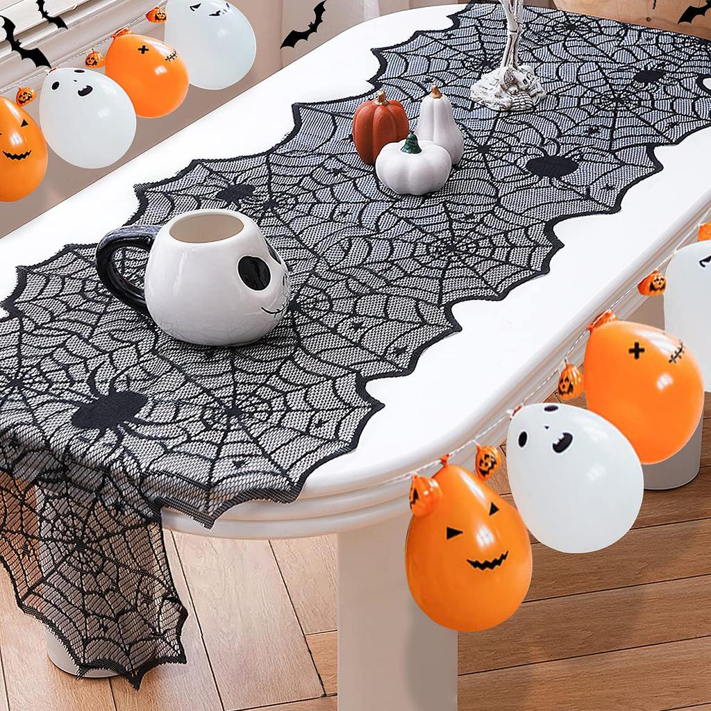 Halloween Tischläufer Spitze Spinnennetz Design mit Fledermaus- und Spinnenmustern 46x183cm Tischdecken-Dekoration für Party und Zuhause