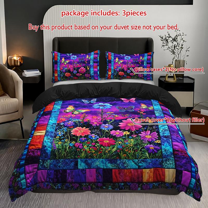 

3Pcs Butterfly Floral Bedding Duvet Cover Set Vibrant Garden Bedding Quilt Set Patchwork Themed Bed Quilt Set Night Garden Duvet Cover Set&EU Single(135x200cm)