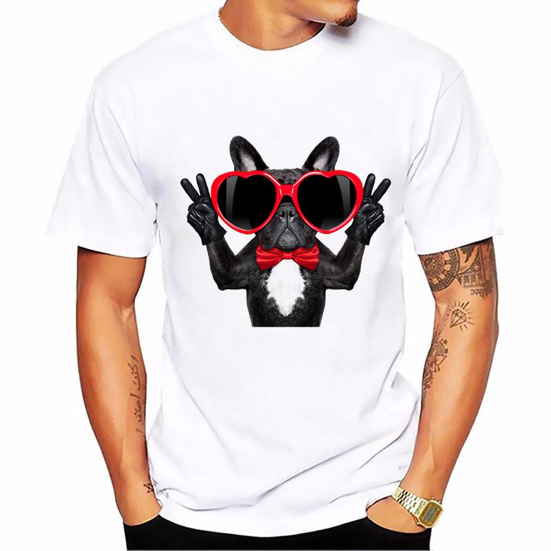 Glass French Bulldog Print Funny T Shirts Men Summer Top MaleS Cool Hip Hop T Shirt White Short Sleeve Casual Camisetas Hombre
