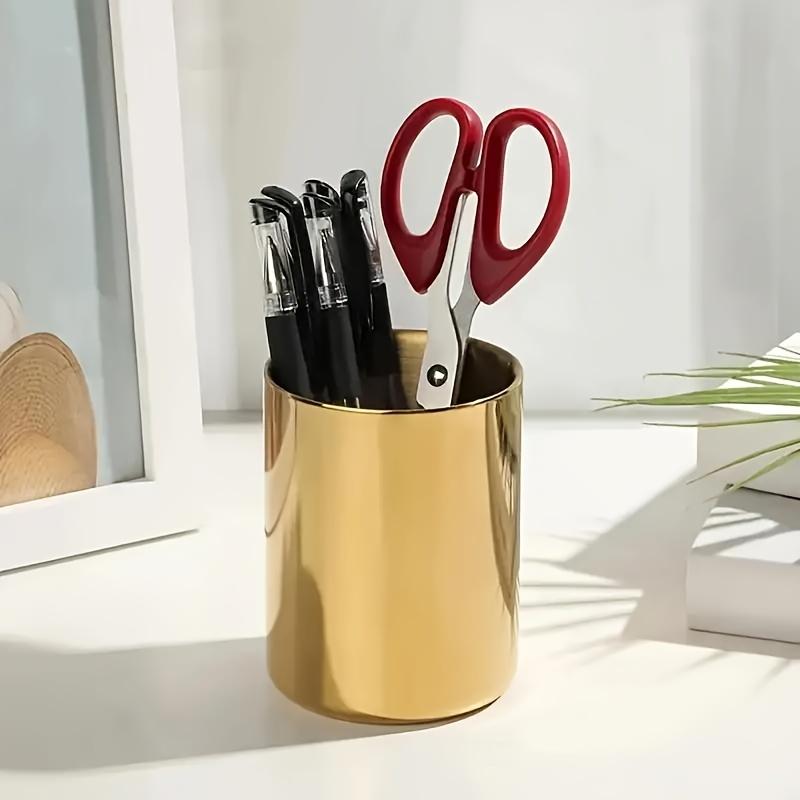 Golden Stainless Steel Desktop Organizer Box, Multi-Functional Pen Holder Container, Pencil Cup & Makeup Brush Holder