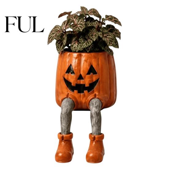 Spooky Home Accents Halloween Sitting Leg-Dangled Planter, Funny Long Leg Succulent Plant Pot Whimsical Window Display Ornaments with Pumpkin