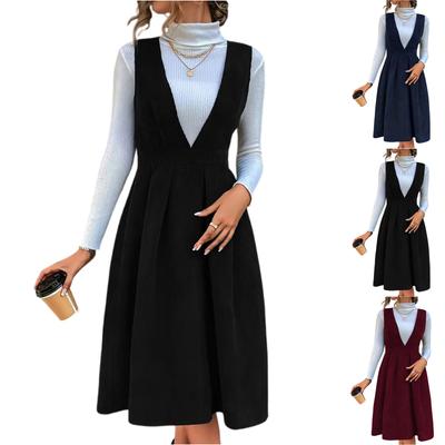 Women's Fashionable And Elegant V-Neck Corduroy Suspender Dress