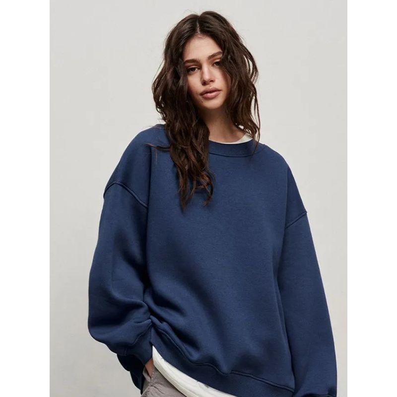 

Западный стиль Новая мода Повседневный Свободный Однотонный с круглым вырезом Толстовка с длинным рукавом Свободный топ с круглым вырезом Navy blue (thin/thin) L