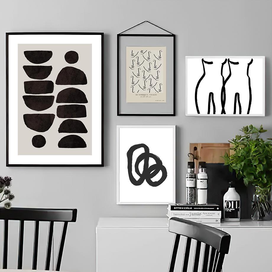 Nástěnná malba na plátně Čárová malba Obličej Tělo Černá Bílá Blok Abstraktní severské plakáty a tisky Nástěnné obrazy pro výzdobu obývacího pokoje